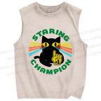 Unisex Staring Champion Cat Printed Washed Tank Top