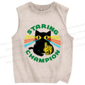 Unisex Staring Champion Cat Printed Washed Tank Top