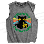 Unisex Staring Champion Cat Printed Washed Tank Top
