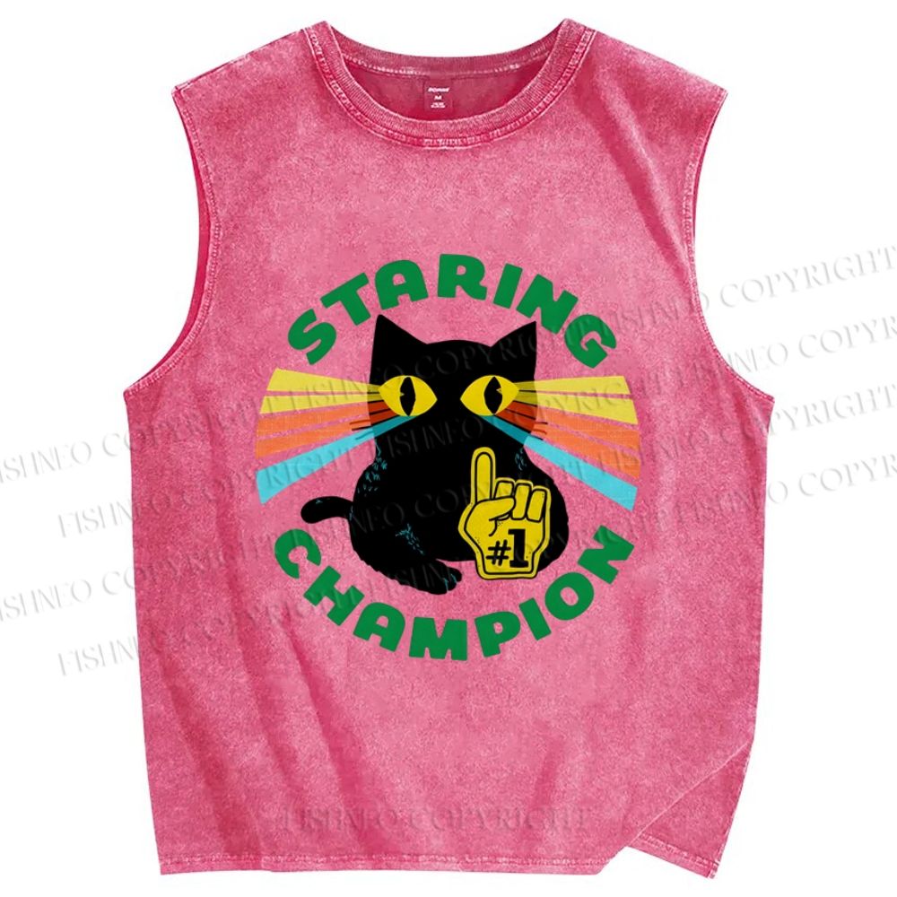 Unisex Staring Champion Cat Printed Washed Tank Top