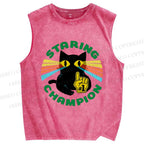 Unisex Staring Champion Cat Printed Washed Tank Top