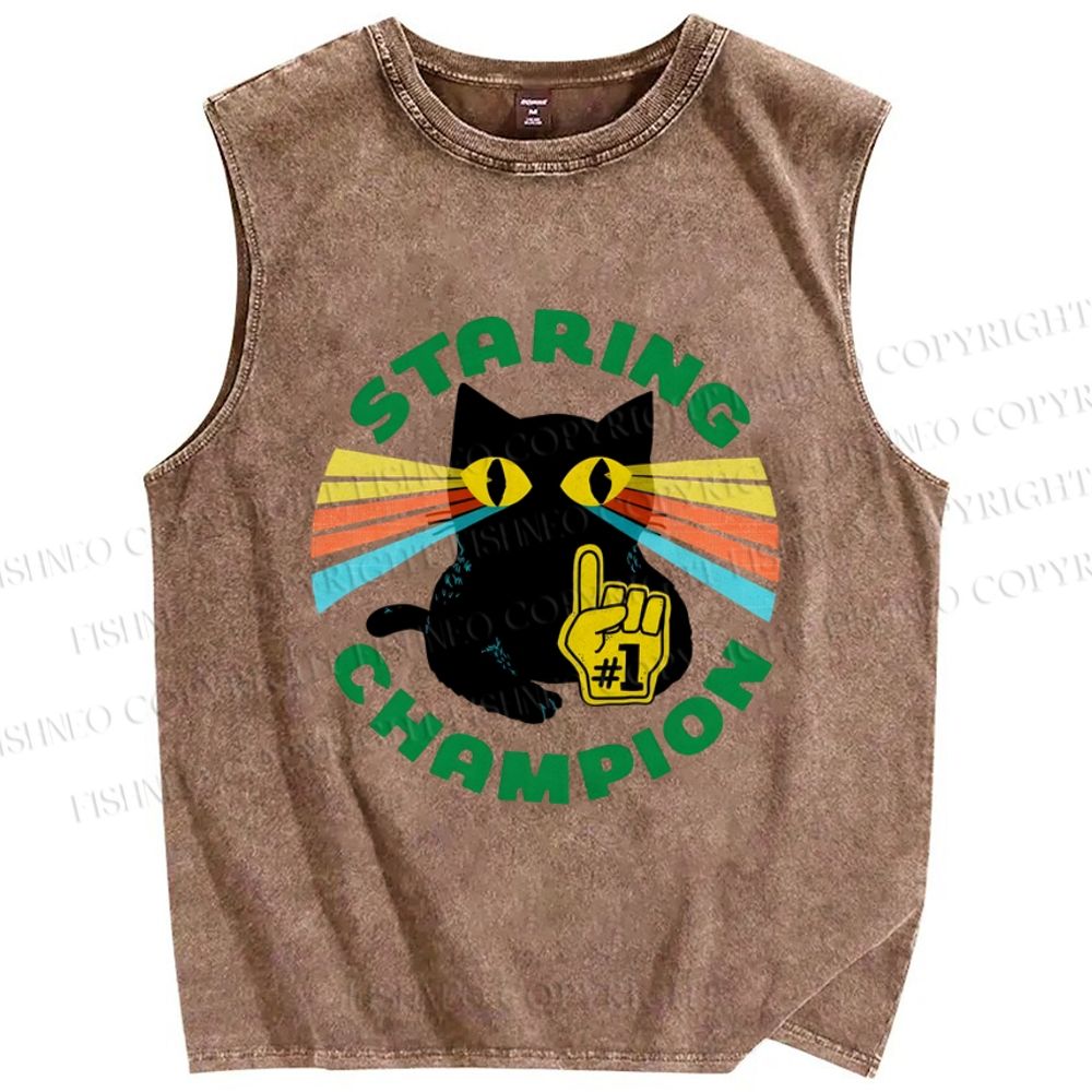 Unisex Staring Champion Cat Printed Washed Tank Top