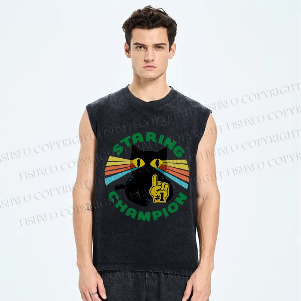 Unisex Staring Champion Cat Printed Washed Tank Top