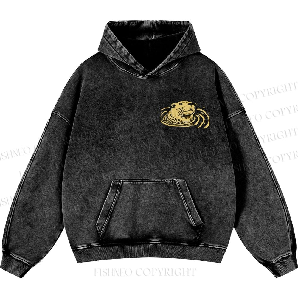 Unisex Casual Woodcut Otter Printed Double-sided Washed Hoodie