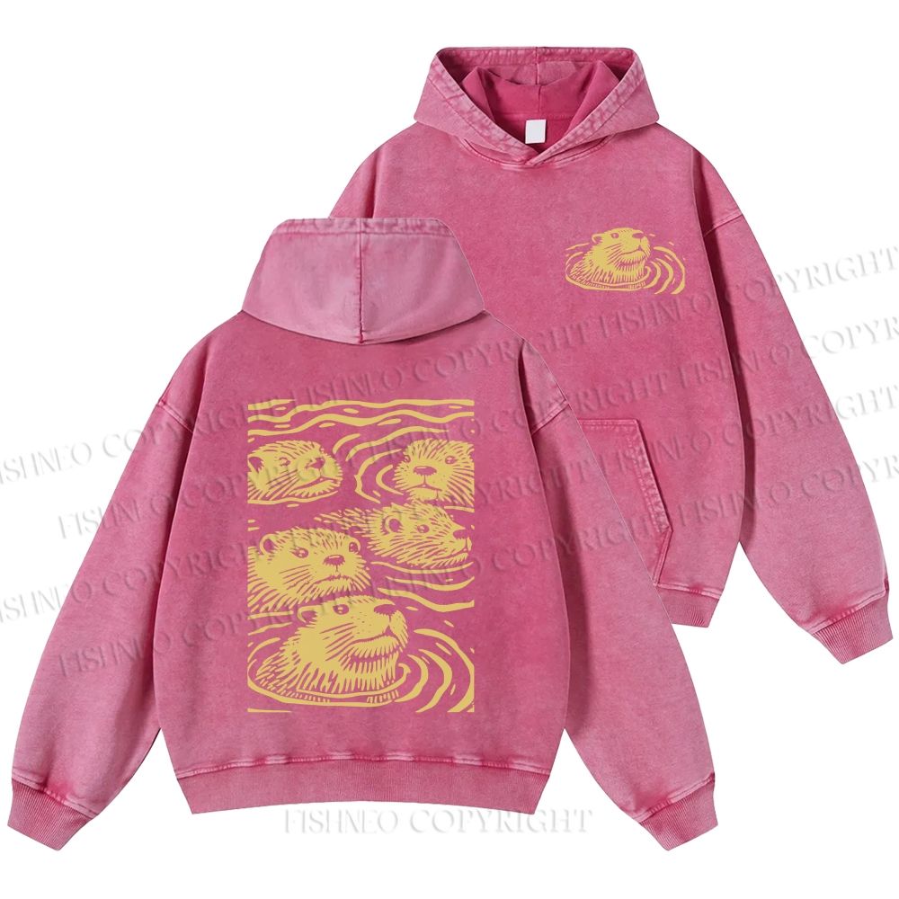 Unisex Casual Woodcut Otter Printed Double-sided Washed Hoodie