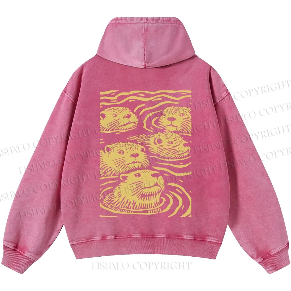 Unisex Casual Woodcut Otter Printed Double-sided Washed Hoodie