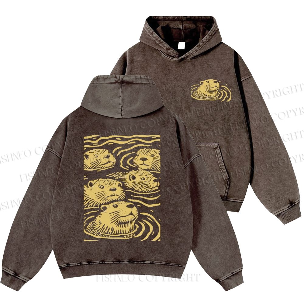 Unisex Casual Woodcut Otter Printed Double-sided Washed Hoodie
