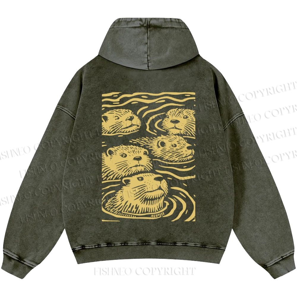 Unisex Casual Woodcut Otter Printed Double-sided Washed Hoodie