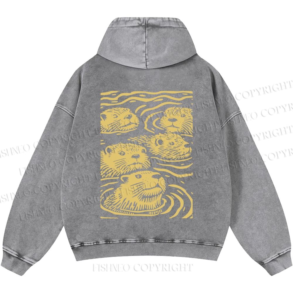 Unisex Casual Woodcut Otter Printed Double-sided Washed Hoodie