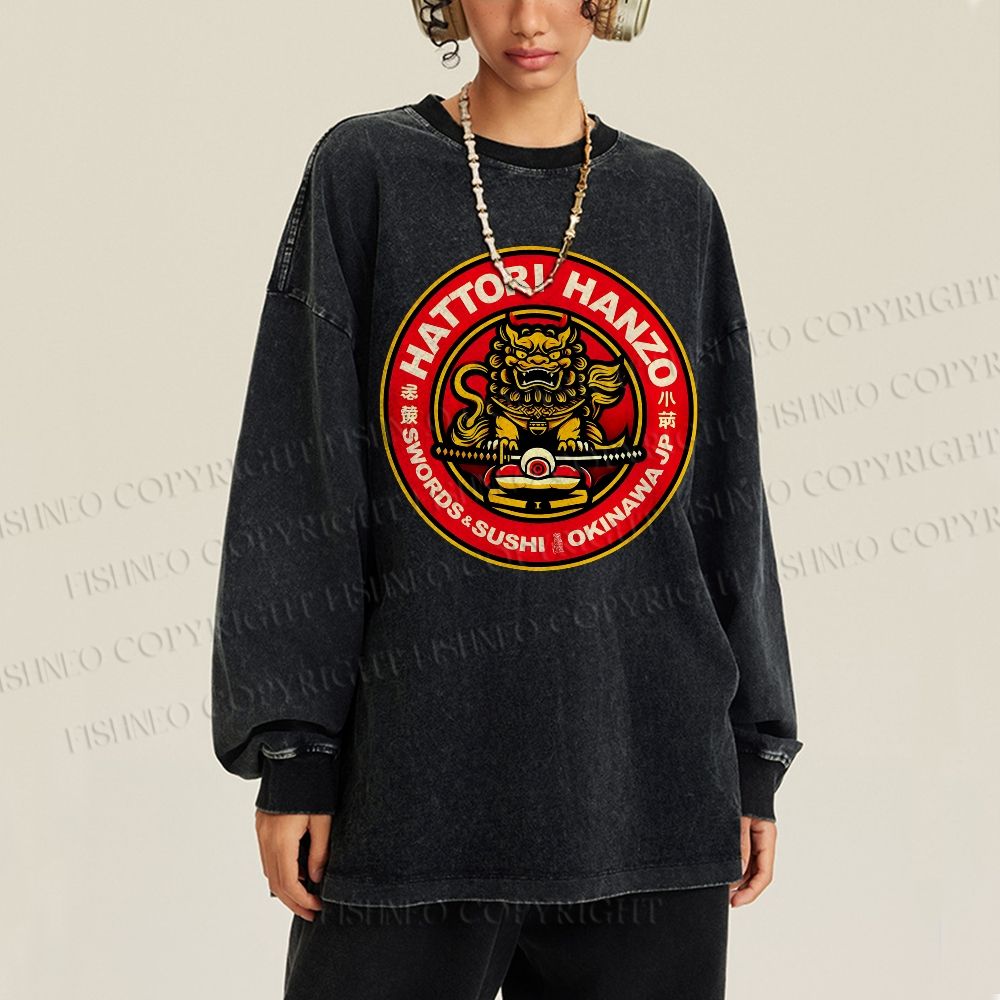 Unisex Casual Washed Hattori Hanzo Sushi Printed Long Sleeve T-shirt