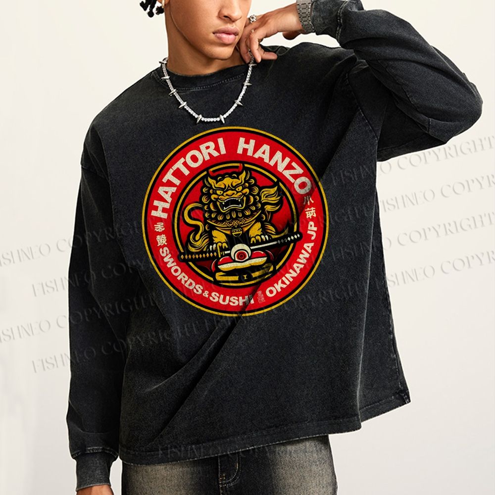 Unisex Casual Washed Hattori Hanzo Sushi Printed Long Sleeve T-shirt