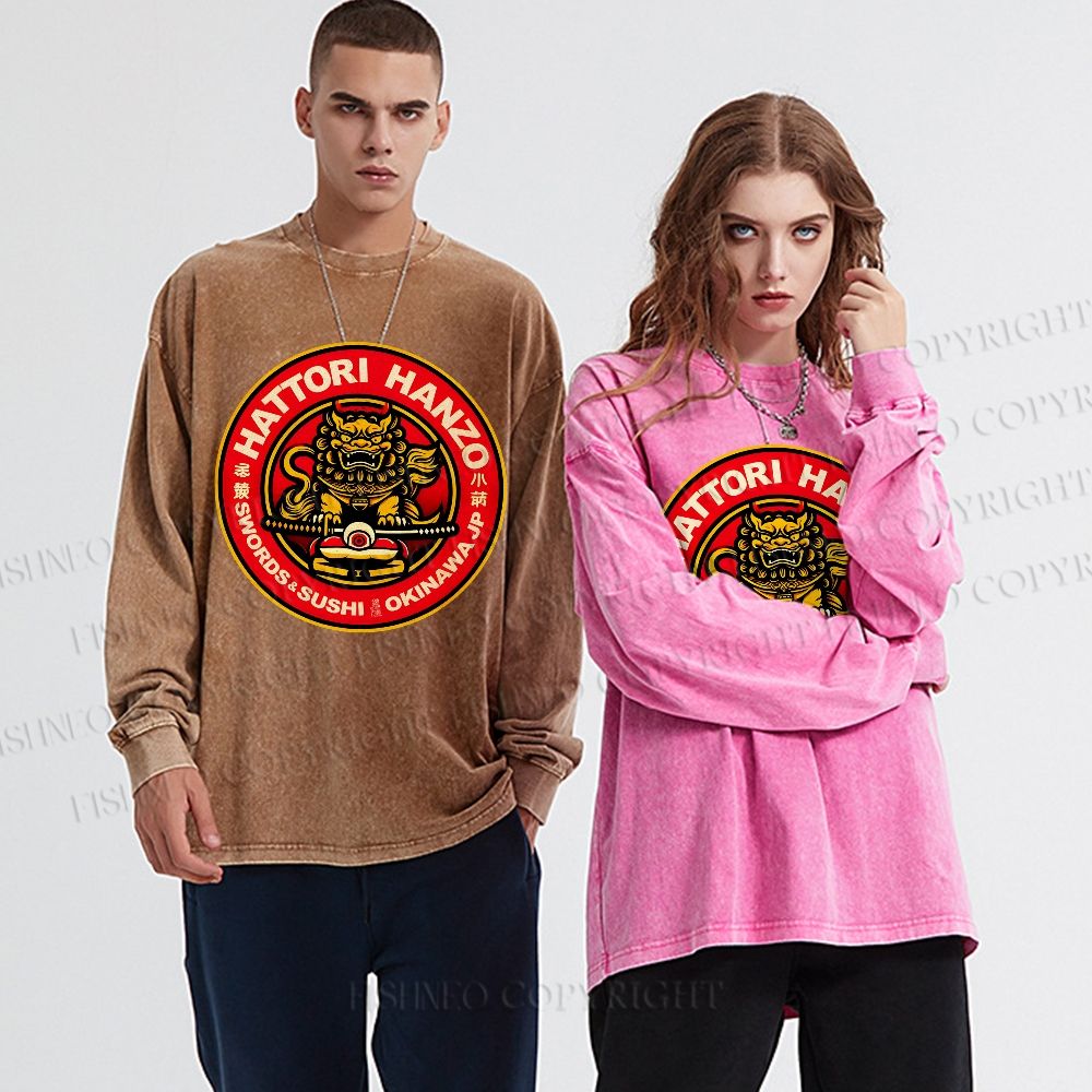 Unisex Casual Washed Hattori Hanzo Sushi Printed Long Sleeve T-shirt