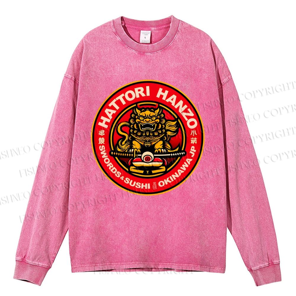 Unisex Casual Washed Hattori Hanzo Sushi Printed Long Sleeve T-shirt