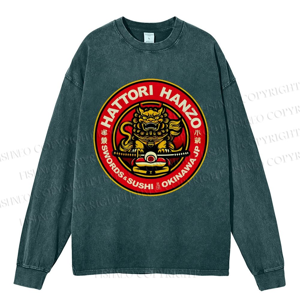 Unisex Casual Washed Hattori Hanzo Sushi Printed Long Sleeve T-shirt