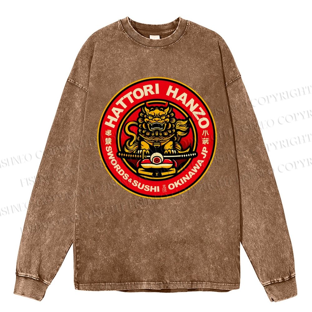 Unisex Casual Washed Hattori Hanzo Sushi Printed Long Sleeve T-shirt