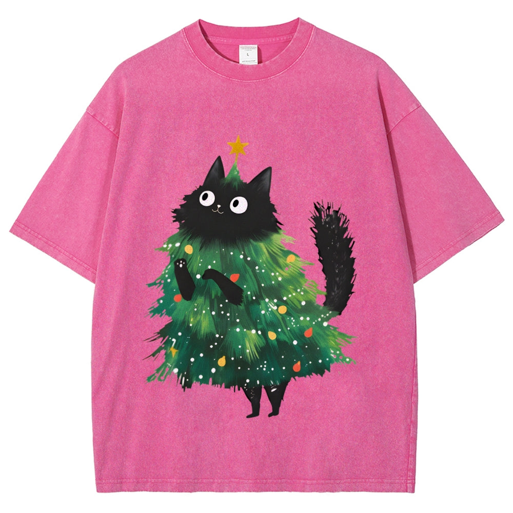 Christmas Tree Cat Japan Vintage Washed T-shirt