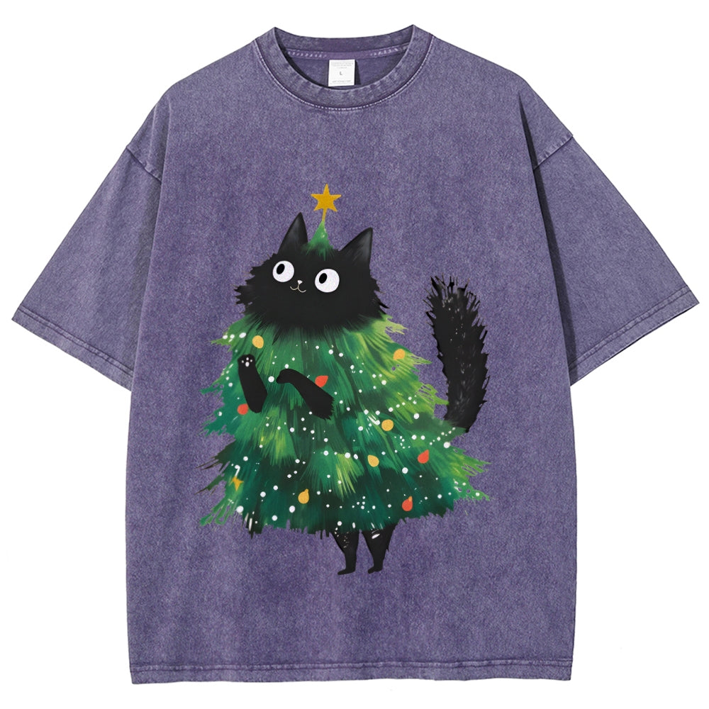 Christmas Tree Cat Japan Vintage Washed T-shirt