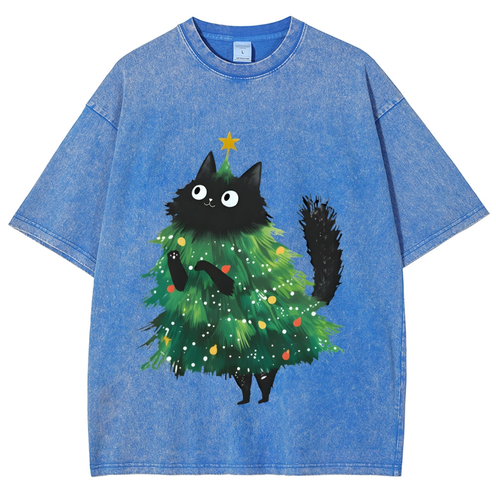 Christmas Tree Cat Japan Vintage Washed T-shirt