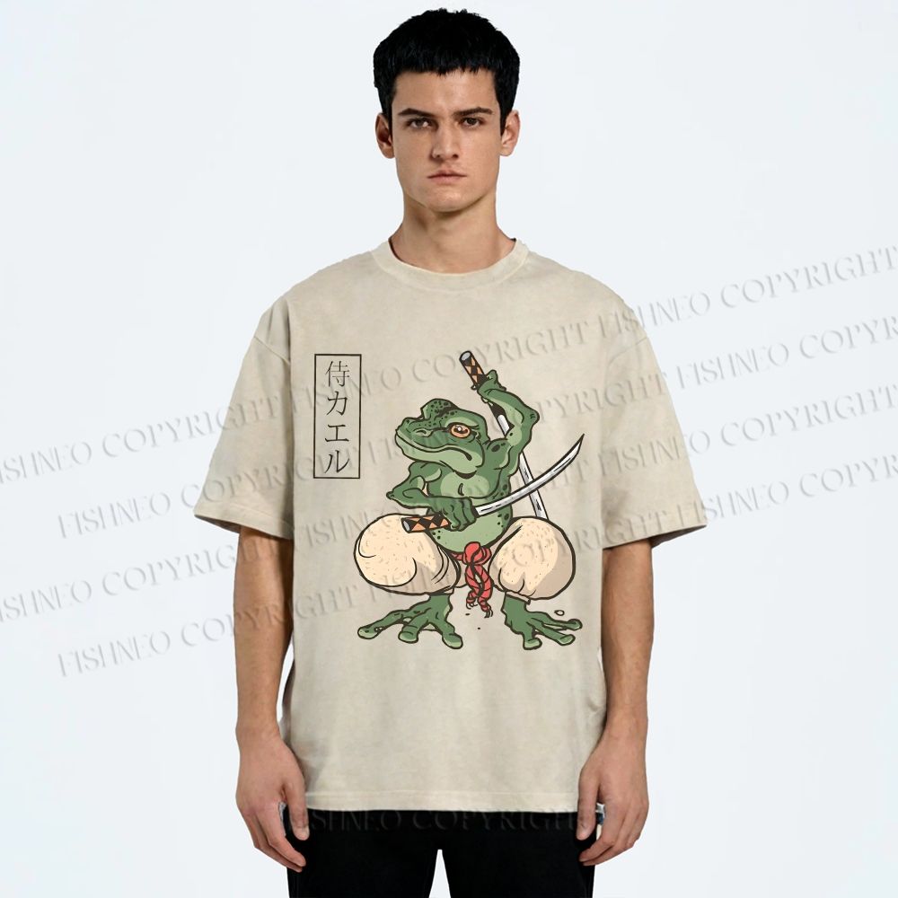 Unisex Samurai Frog Printed Washed Tee