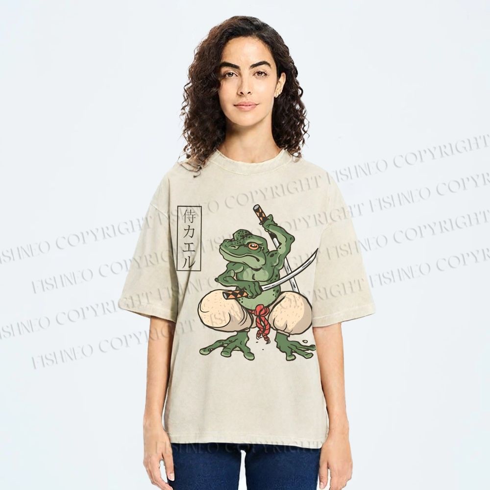 Unisex Samurai Frog Printed Washed Tee