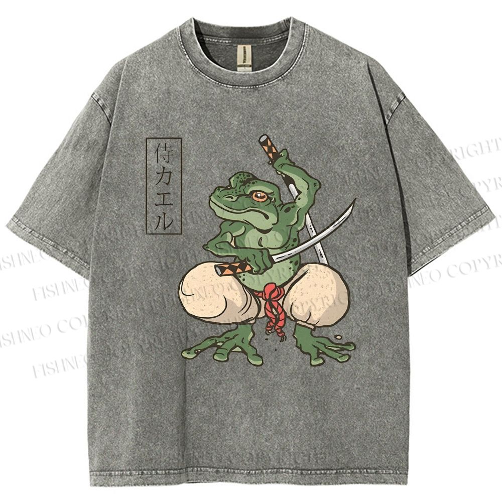 Unisex Samurai Frog Printed Washed Tee