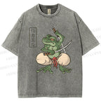 Unisex Samurai Frog Printed Washed Tee