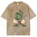 Unisex Samurai Frog Printed Washed Tee