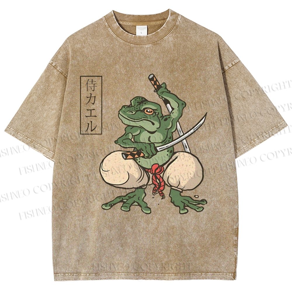 Unisex Samurai Frog Printed Washed Tee
