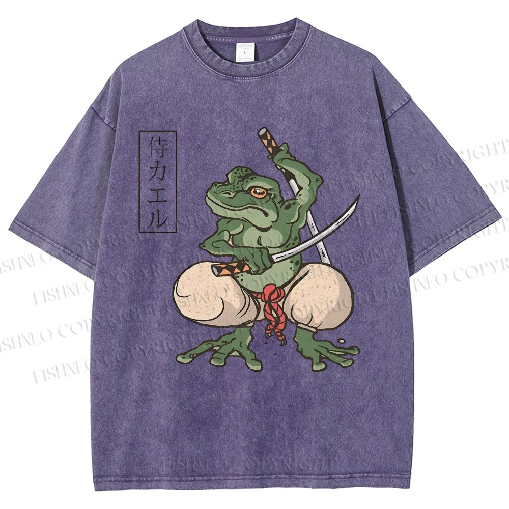 Unisex Samurai Frog Printed Washed Tee