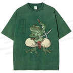 Unisex Samurai Frog Printed Washed Tee