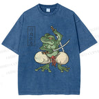 Unisex Samurai Frog Printed Washed Tee
