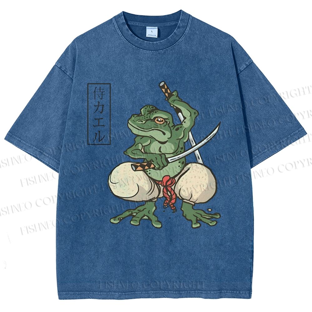 Unisex Samurai Frog Printed Washed Tee