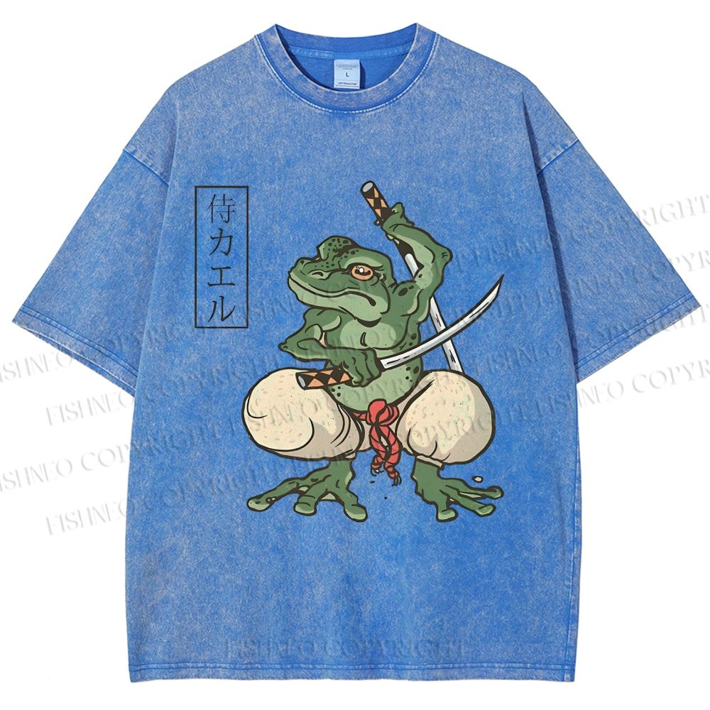 Unisex Samurai Frog Printed Washed Tee