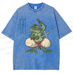 Unisex Samurai Frog Printed Washed Tee