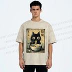 Unisex Cat Eating Ramen Printed Washed Tee