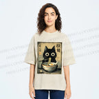 Unisex Cat Eating Ramen Printed Washed Tee