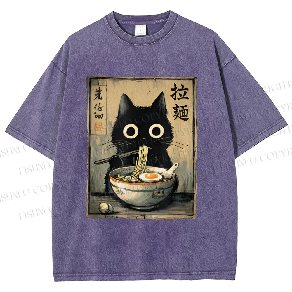 Unisex Cat Eating Ramen Printed Washed Tee
