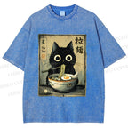 Unisex Cat Eating Ramen Printed Washed Tee
