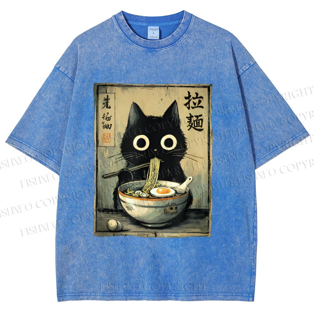 Unisex Cat Eating Ramen Printed Washed Tee