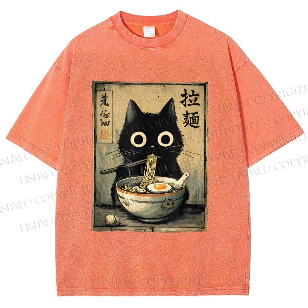 Unisex Cat Eating Ramen Printed Washed Tee