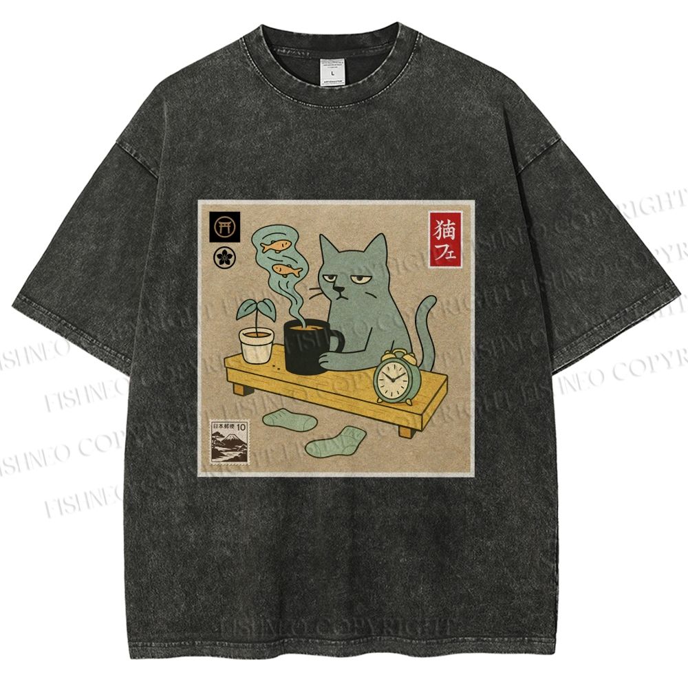 Unisex Japanese Cat Wants Fish Printed Washed Tee