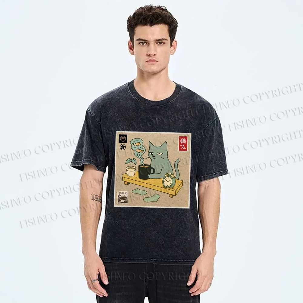 Unisex Japanese Cat Wants Fish Printed Washed Tee