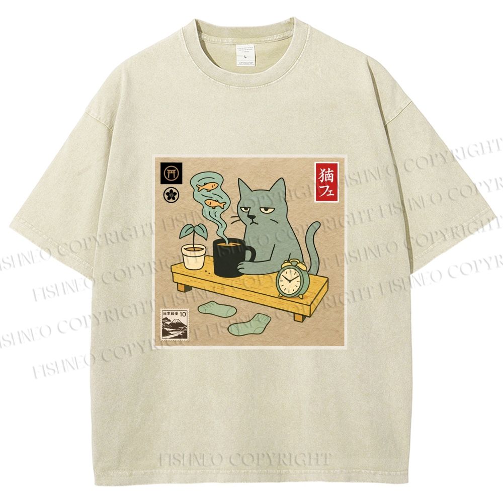 Unisex Japanese Cat Wants Fish Printed Washed Tee
