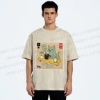 Unisex Japanese Cat Wants Fish Printed Washed Tee