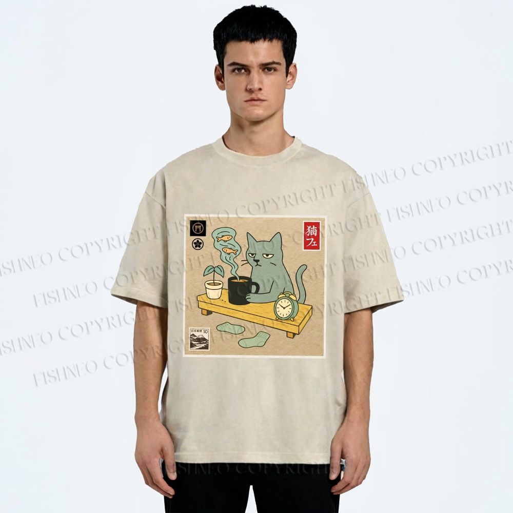 Unisex Japanese Cat Wants Fish Printed Washed Tee