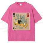 Unisex Japanese Cat Wants Fish Printed Washed Tee