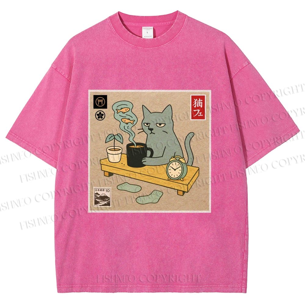 Unisex Japanese Cat Wants Fish Printed Washed Tee