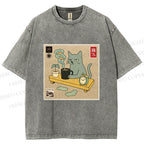 Unisex Japanese Cat Wants Fish Printed Washed Tee