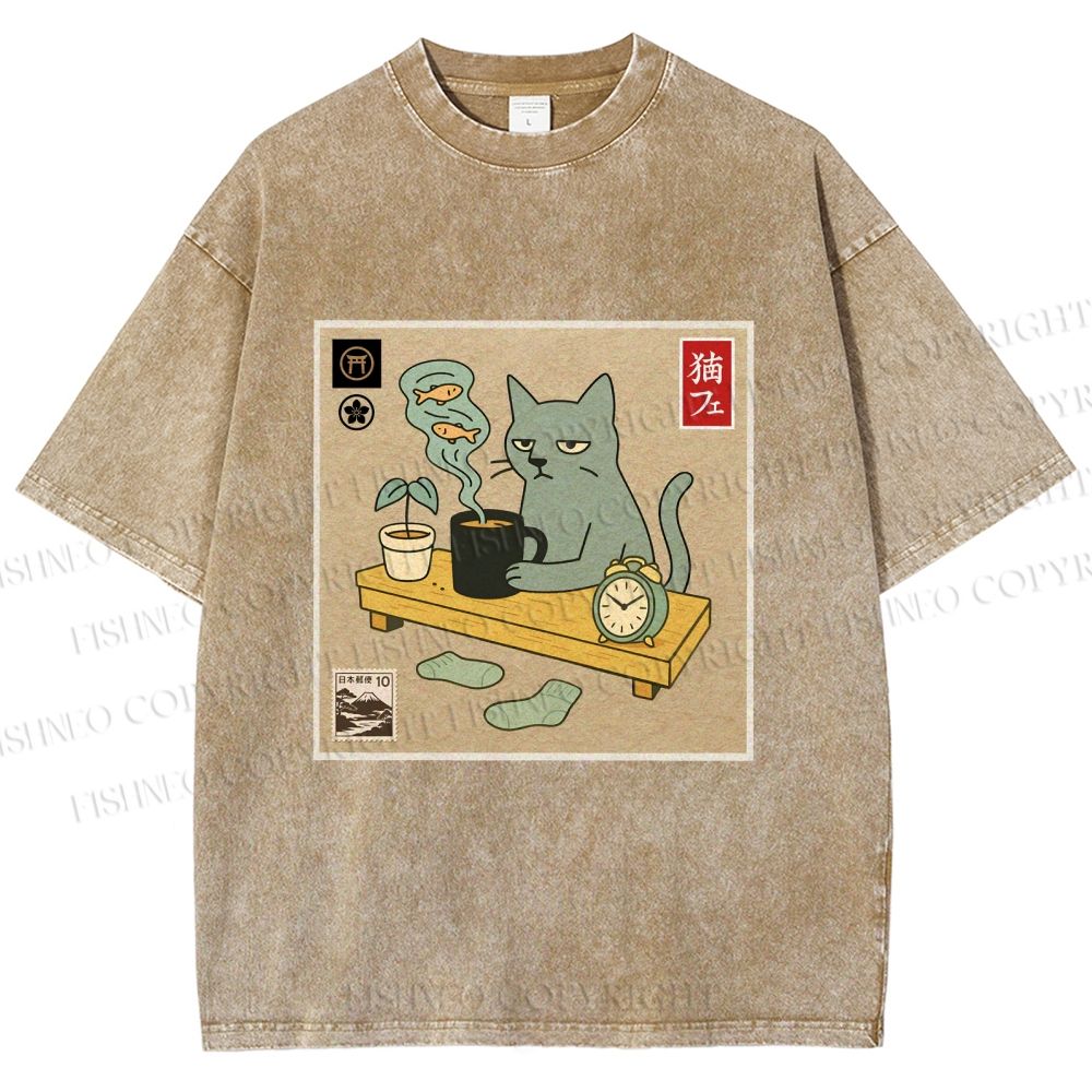 Unisex Japanese Cat Wants Fish Printed Washed Tee