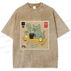 Unisex Japanese Cat Wants Fish Printed Washed Tee